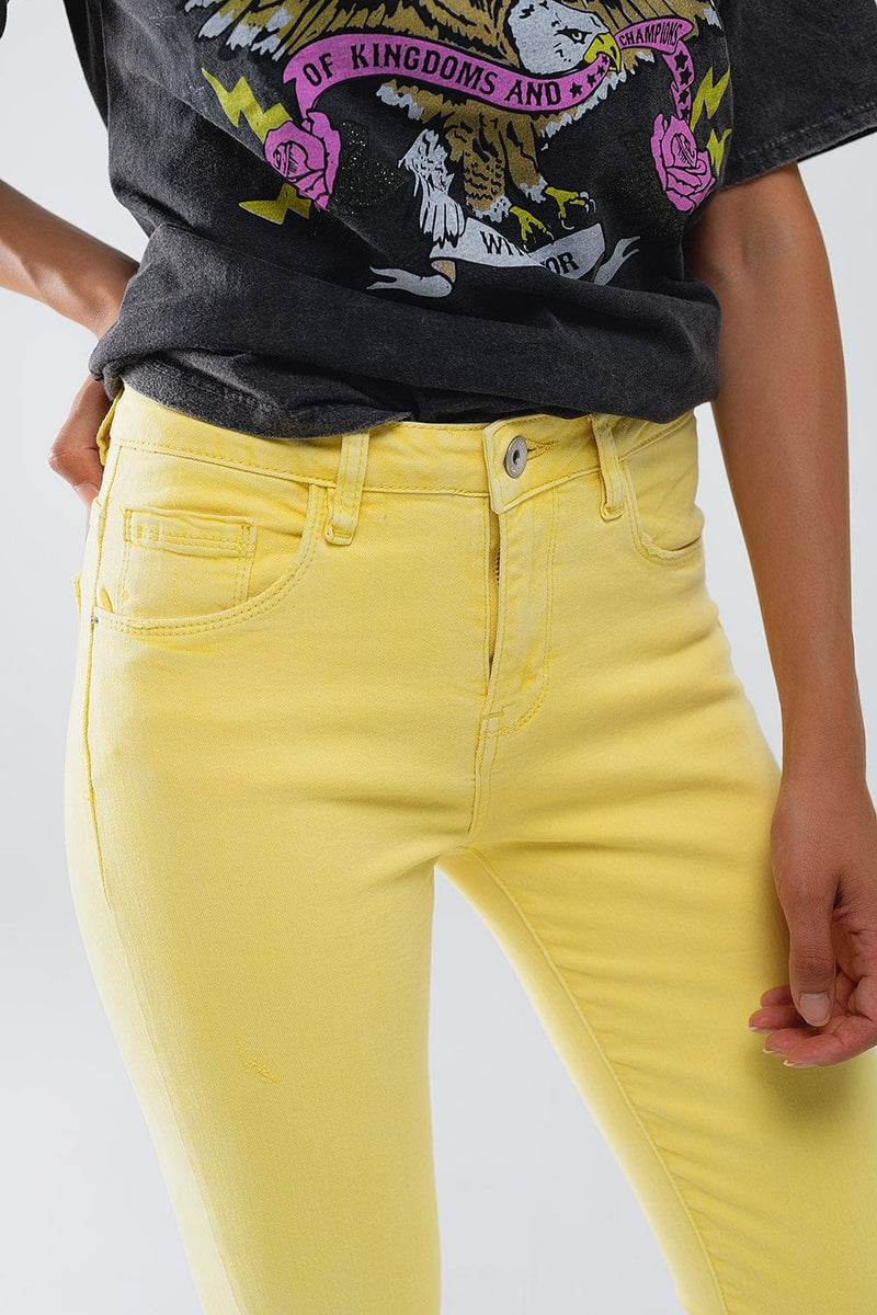 Q2 Women's Jean Yellow Jagged Hem Super Skinny Stretch Jeans