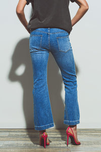 Q2 Women's Jeans Flared Double Button Waist Jeans In Blue Denim