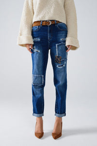 Q2 Women's Jeans Loose Blue Jeans With Subtle Ripped Design And Patches