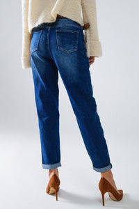 Q2 Women's Jeans Loose Blue Jeans With Subtle Ripped Design And Patches