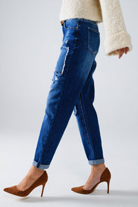 Q2 Women's Jeans Loose Blue Jeans With Subtle Ripped Design And Patches