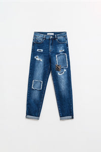 Q2 Women's Jeans Loose Blue Jeans With Subtle Ripped Design And Patches