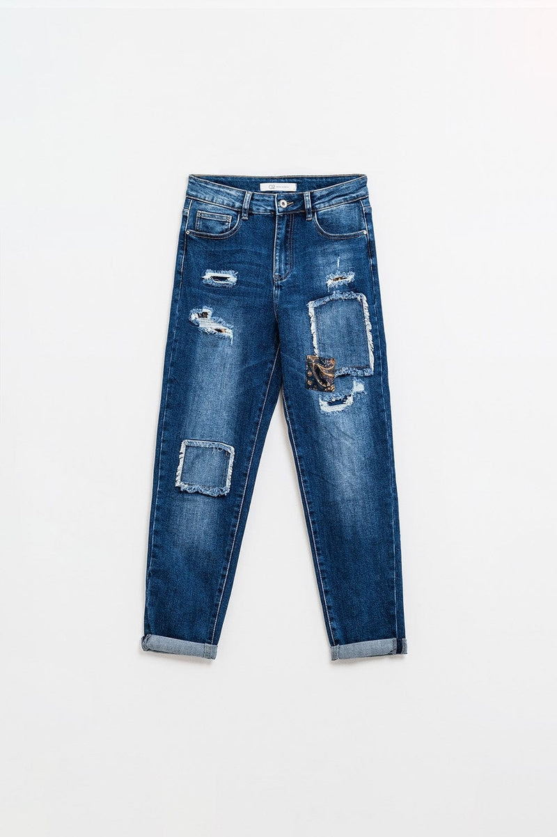 Q2 Women's Jeans Loose Blue Jeans With Subtle Ripped Design And Patches