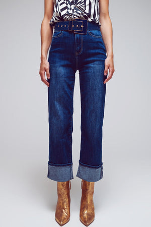 Q2 Women's Jeans Straight Jeans With Folded Hem In Mid Blue Wash