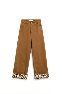 Q2 Women's Jeans Wide Leg Camel Pants With Leopard Print At The Bottom