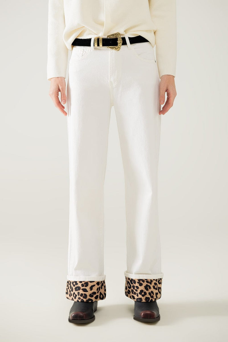 Q2 Women's Jeans Wide Leg Cream Pants With Leopard Print At The Bottom