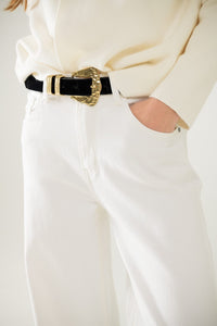 Q2 Women's Jeans Wide Leg Cream Pants With Leopard Print At The Bottom