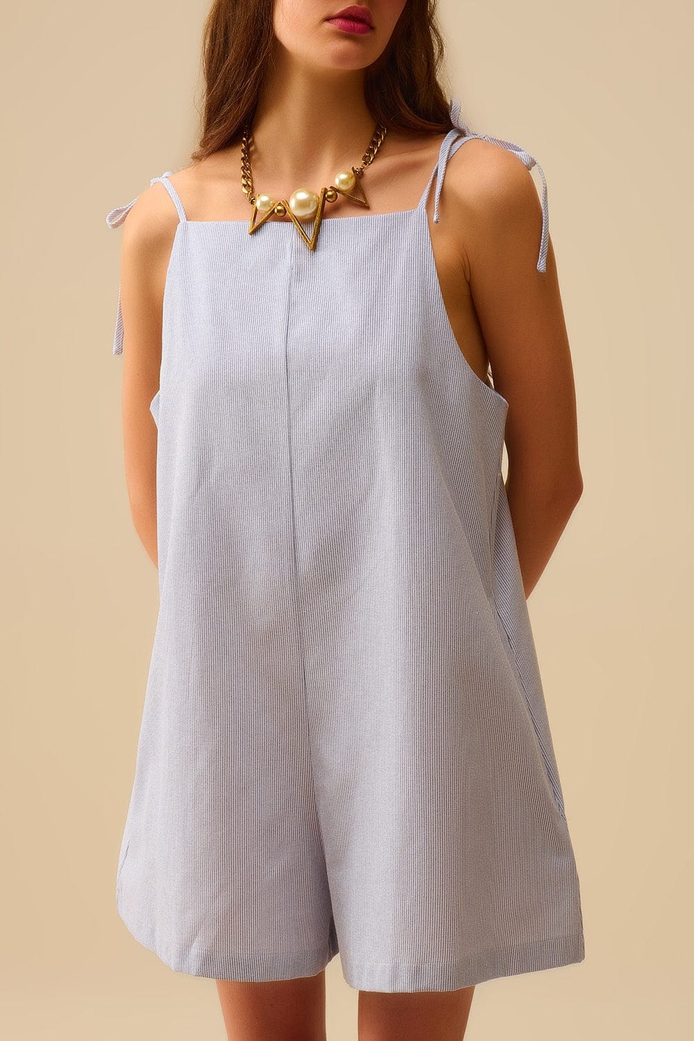 Q2 Women's Jumpsuits & Rompers Blue Striped Playsuit With Shoulder Ties And Back Pocket Detail
