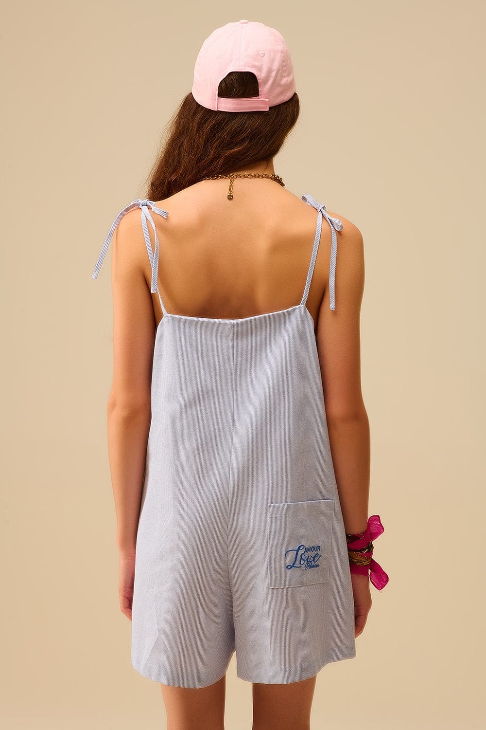 Q2 Women's Jumpsuits & Rompers Blue Striped Playsuit With Shoulder Ties And Back Pocket Detail