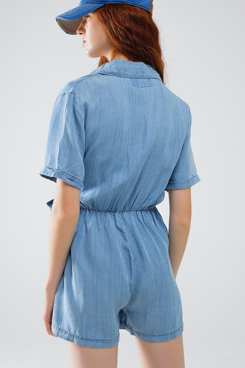 Q2 Women's Jumpsuits & Rompers Blue Tencel Denim Wrap Front Jumpsuit