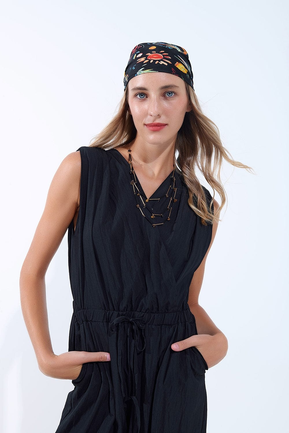 Q2 Women's Jumpsuits & Rompers Draped Black Jumpsuit In Crinkled Fabric