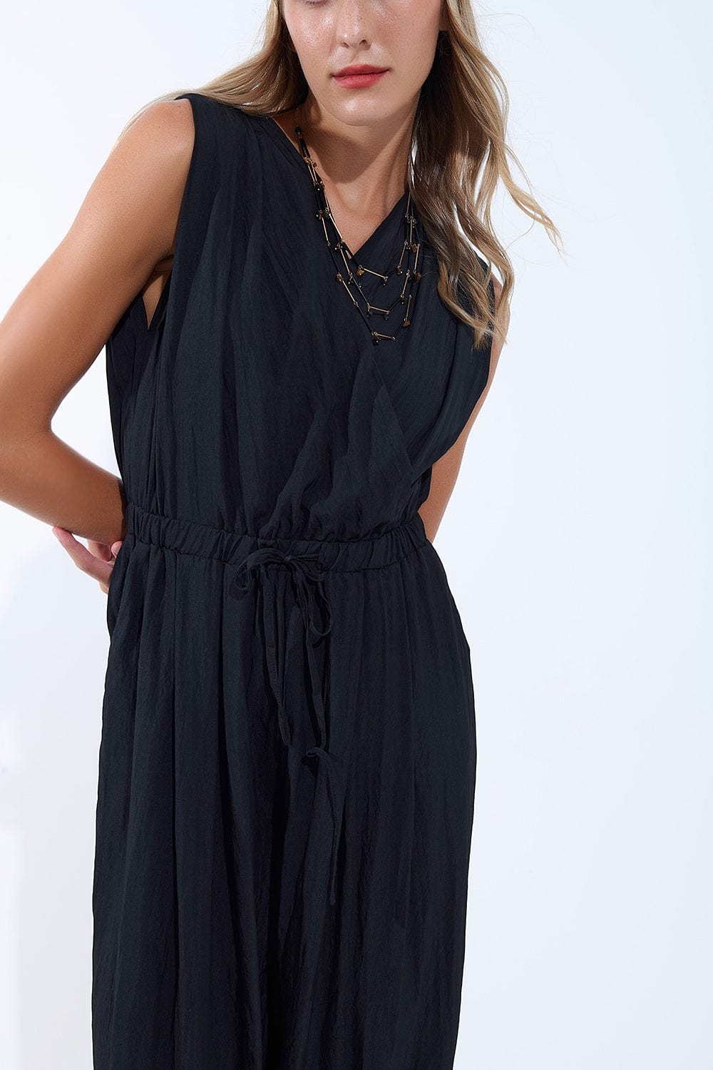 Q2 Women's Jumpsuits & Rompers Draped Black Jumpsuit In Crinkled Fabric