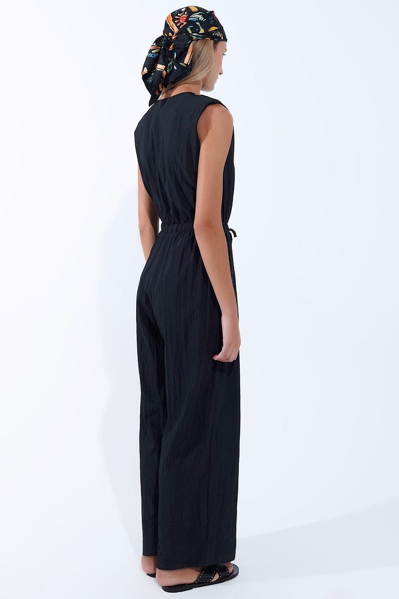 Q2 Women's Jumpsuits & Rompers Draped Black Jumpsuit In Crinkled Fabric
