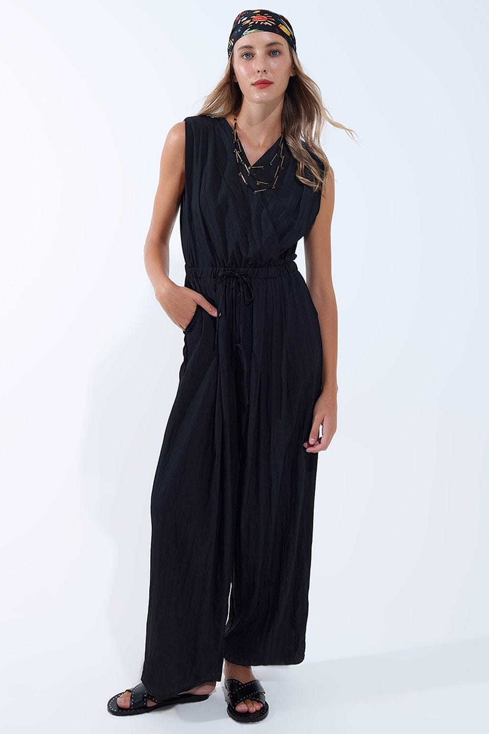 Q2 Women's Jumpsuits & Rompers Draped Black Jumpsuit In Crinkled Fabric