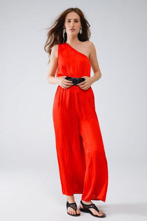 Q2 Women's Jumpsuits & Rompers Drapped One Shoulder Jumpsuit With Cinched Waist In Red