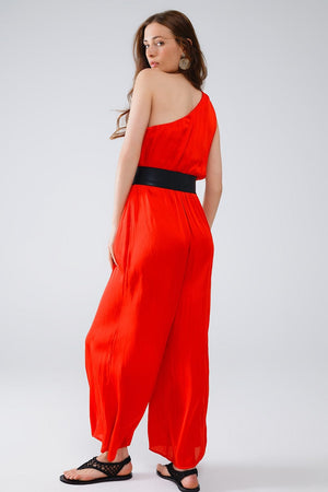 Q2 Women's Jumpsuits & Rompers Drapped One Shoulder Jumpsuit With Cinched Waist In Red