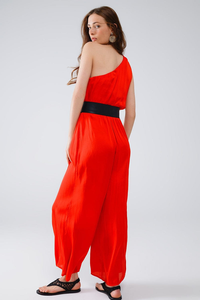 Q2 Women's Jumpsuits & Rompers Drapped One Shoulder Jumpsuit With Cinched Waist In Red