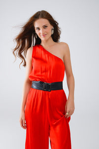 Q2 Women's Jumpsuits & Rompers Drapped One Shoulder Jumpsuit With Cinched Waist In Red