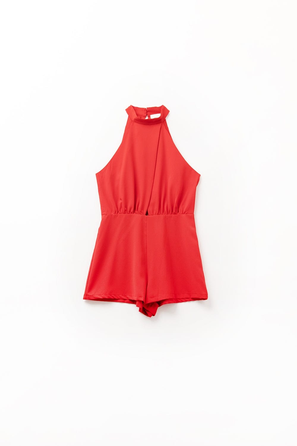 Q2 Women's Jumpsuits & Rompers High Neck Red Romper With Front Pleat Detail