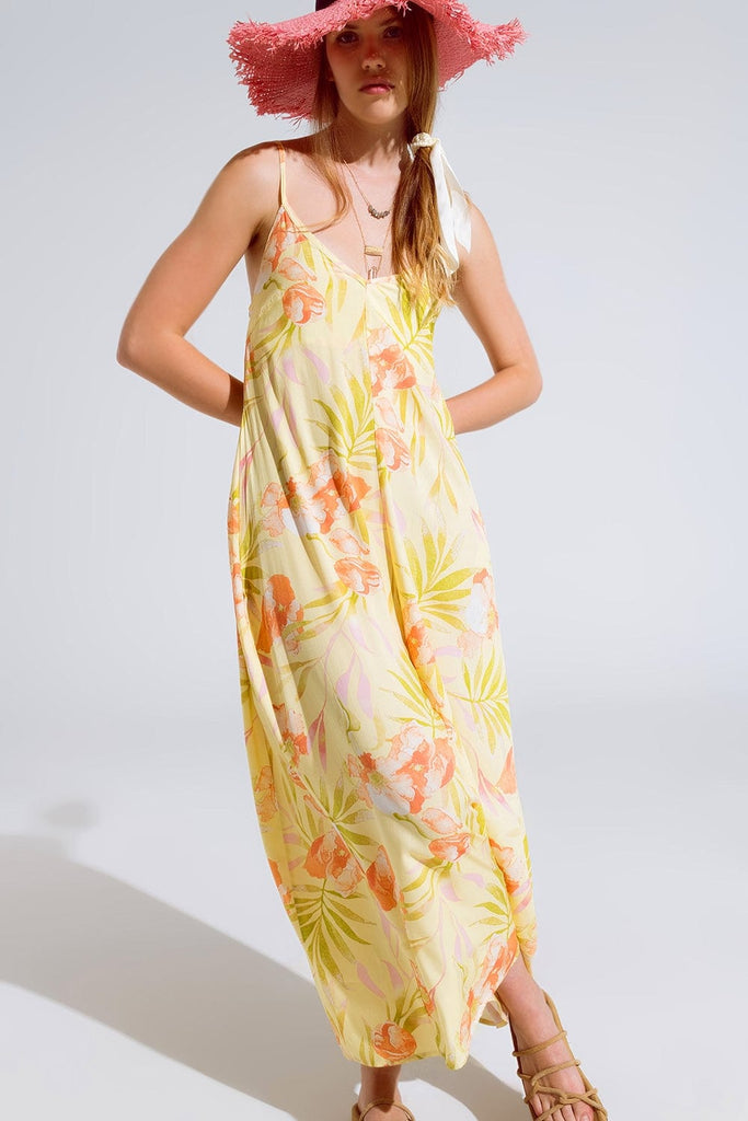 Q2 Women's Jumpsuits & Rompers Maxi Yellow Jumpsuit In Tropical Print