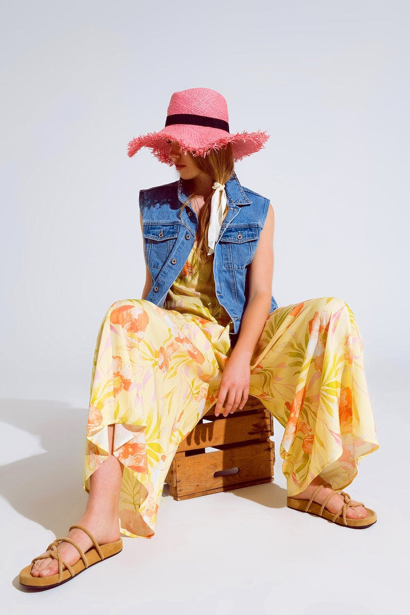 Q2 Women's Jumpsuits & Rompers Maxi Yellow Jumpsuit In Tropical Print