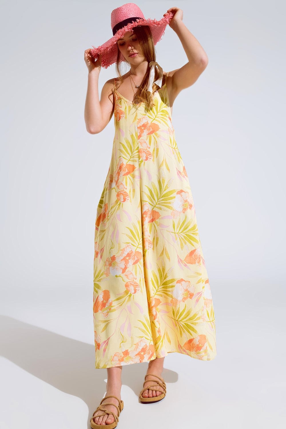 Q2 Women's Jumpsuits & Rompers Maxi Yellow Jumpsuit In Tropical Print