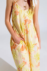 Q2 Women's Jumpsuits & Rompers Maxi Yellow Jumpsuit In Tropical Print