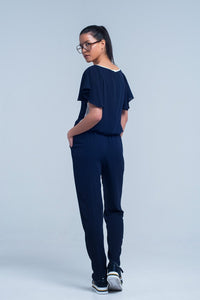 Q2 Women's Jumpsuits & Rompers Navy blue jumpsuit with short sleeve and ruffle detail