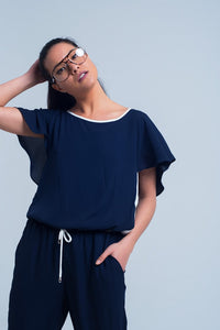 Q2 Women's Jumpsuits & Rompers Navy blue jumpsuit with short sleeve and ruffle detail