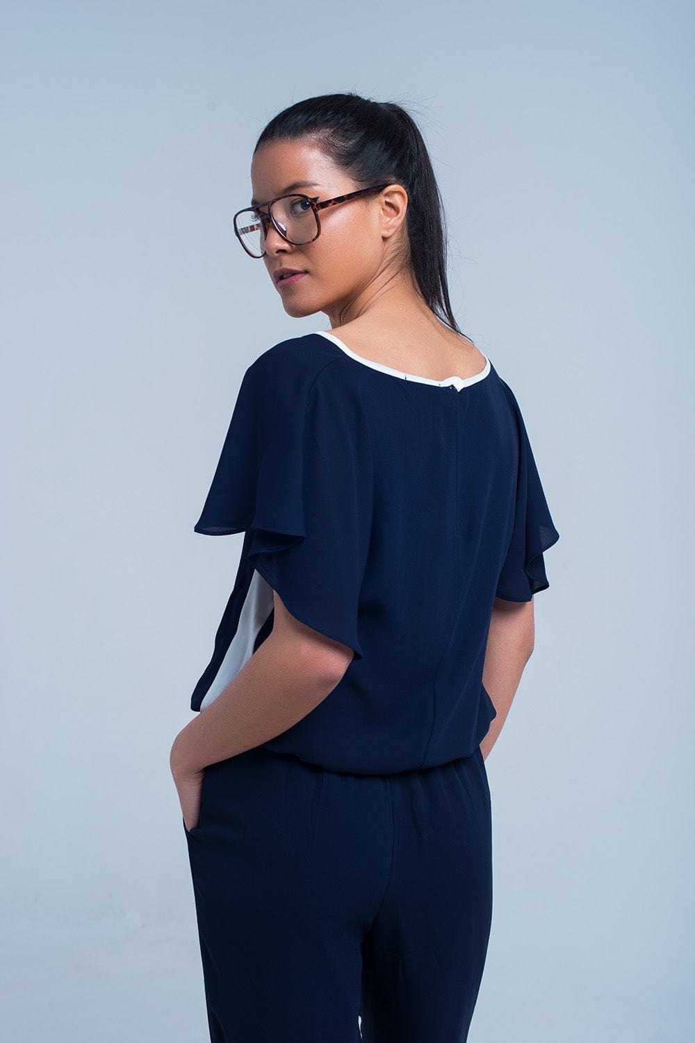 Q2 Women's Jumpsuits & Rompers Navy blue jumpsuit with short sleeve and ruffle detail