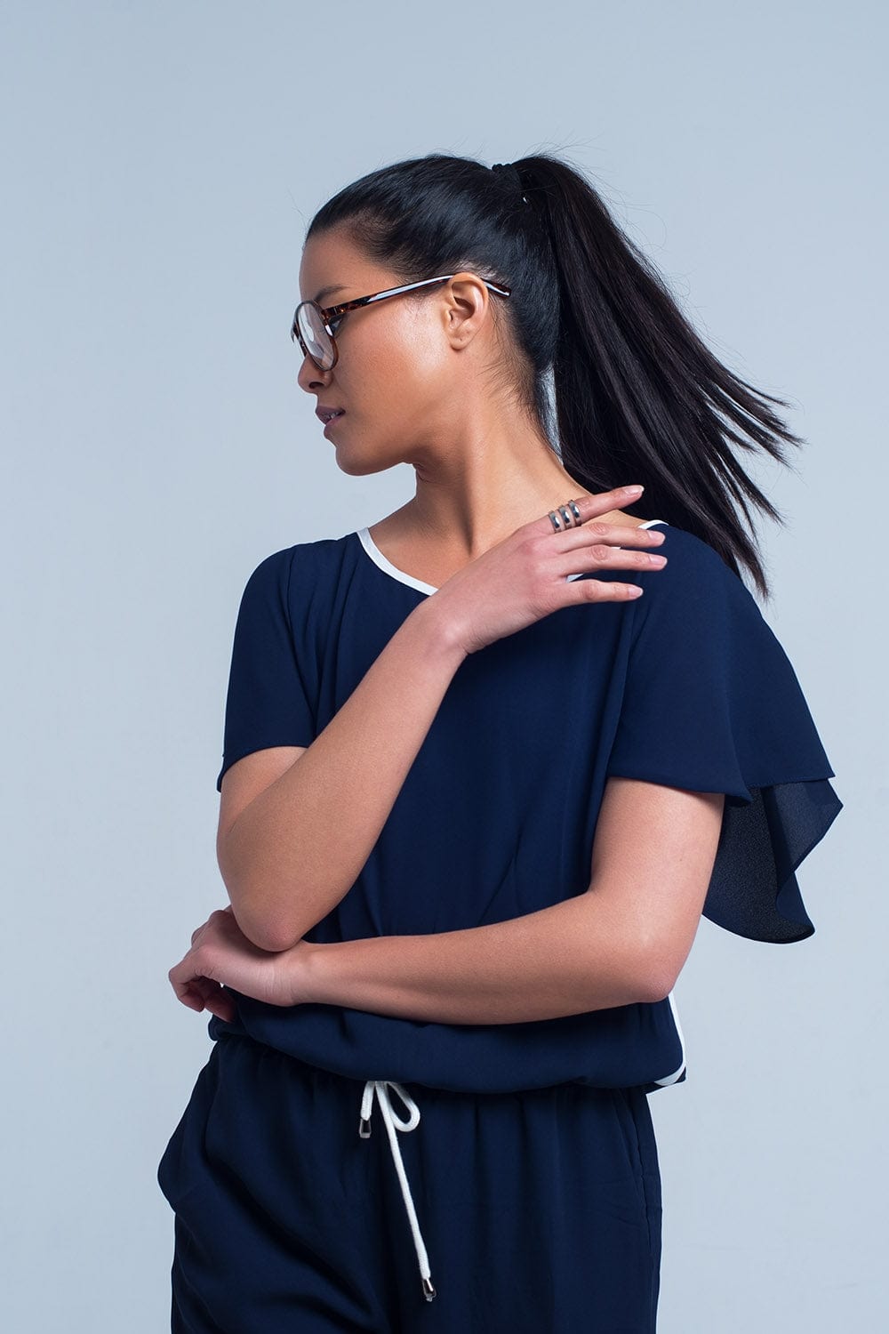 Q2 Women's Jumpsuits & Rompers Navy blue jumpsuit with short sleeve and ruffle detail