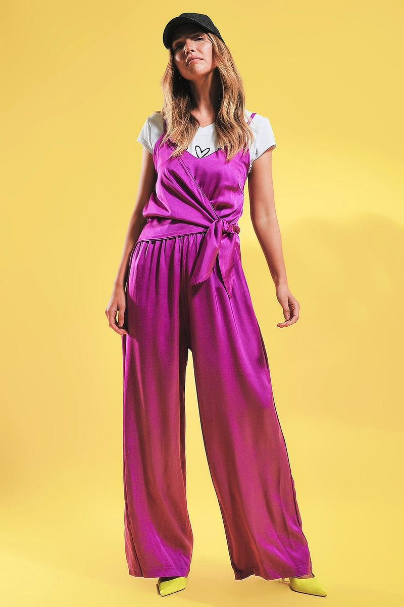 Q2 Women's Jumpsuits & Rompers One Size / Fuchsia / China Satin Cami Strap Jumpsuit in Fuchsia