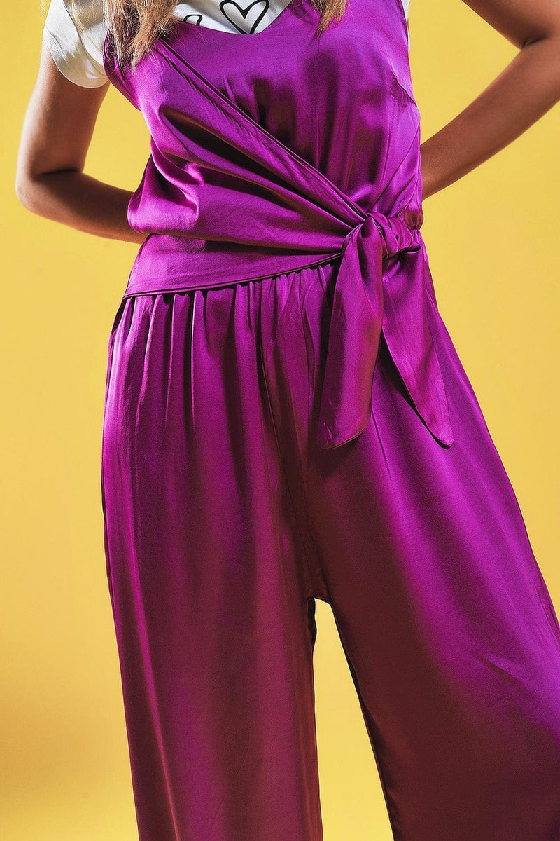 Q2 Women's Jumpsuits & Rompers One Size / Fuchsia / China Satin Cami Strap Jumpsuit in Fuchsia