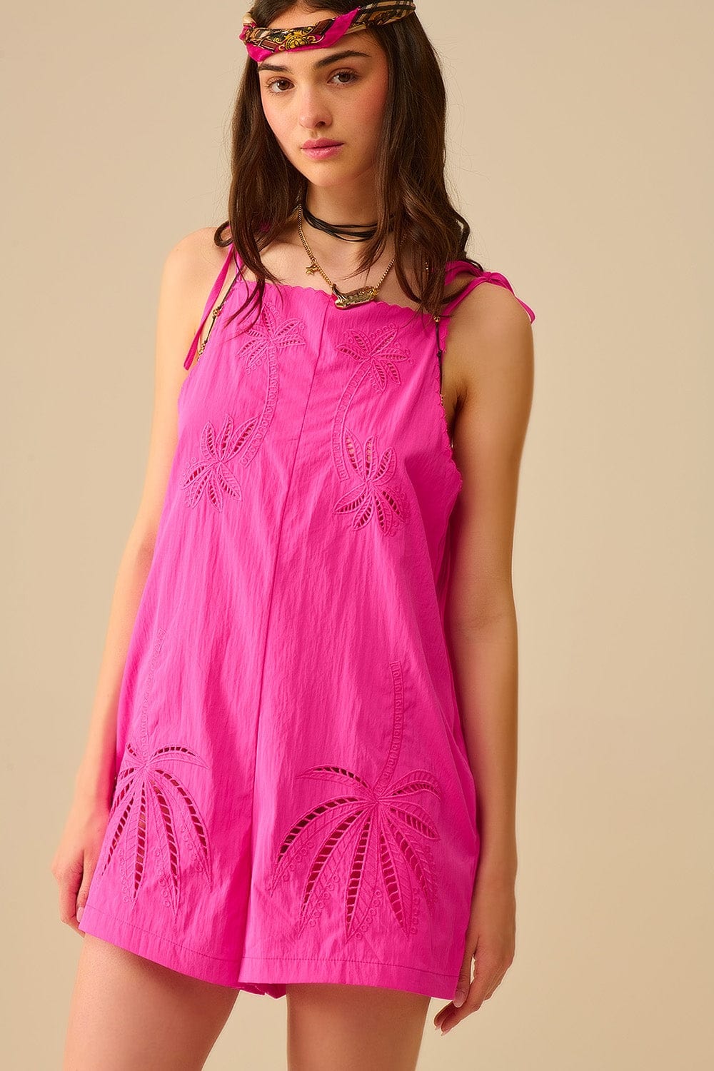 Q2 Women's Jumpsuits & Rompers Pink Embroidered Palm Tree Jumpsuit