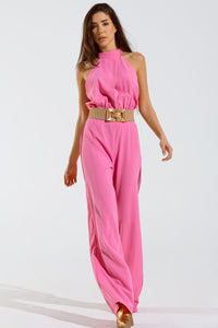 Q2 Women's Jumpsuits & Rompers Pink Jumpuits With Top Crossed And High Collar