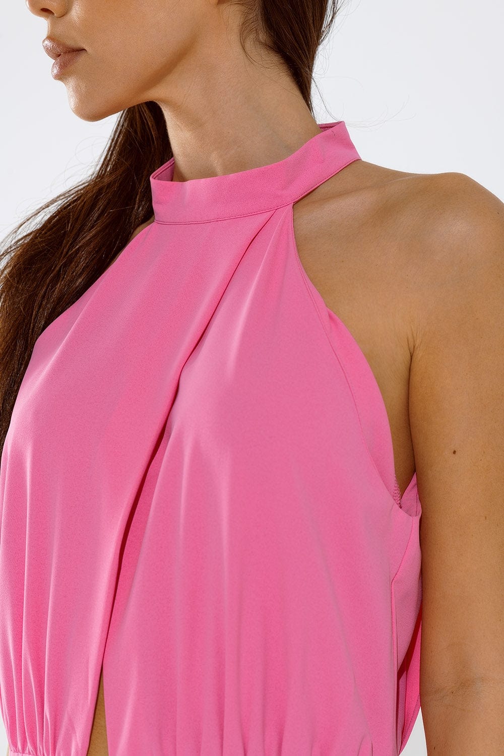 Q2 Women's Jumpsuits & Rompers Pink Jumpuits With Top Crossed And High Collar