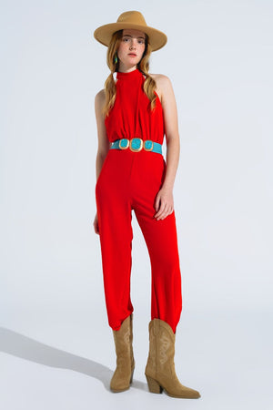 Q2 Women's Jumpsuits & Rompers Red Jumpsuit With Crossed Halter Neckline