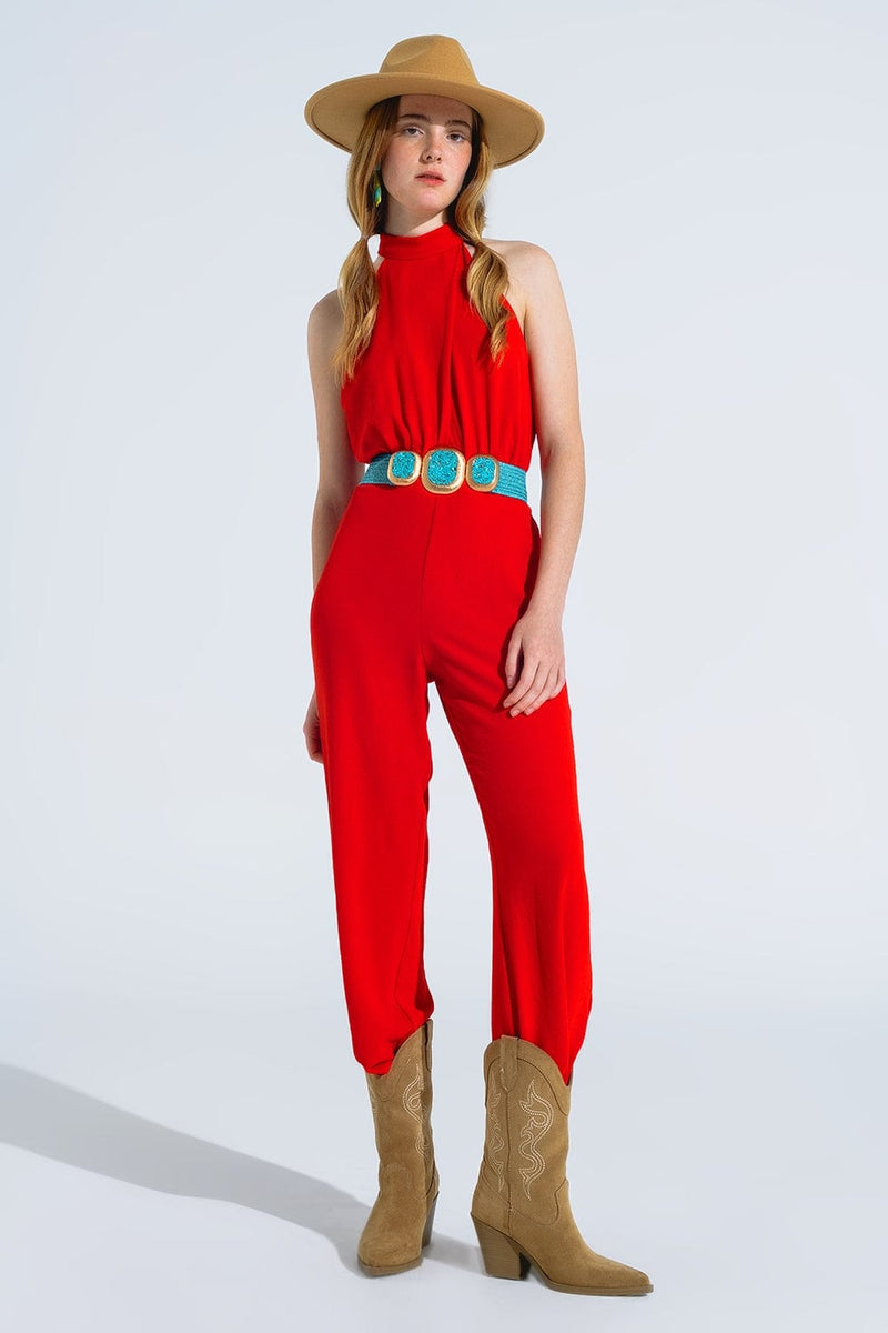 Q2 Women's Jumpsuits & Rompers Red Jumpsuit With Crossed Halter Neckline