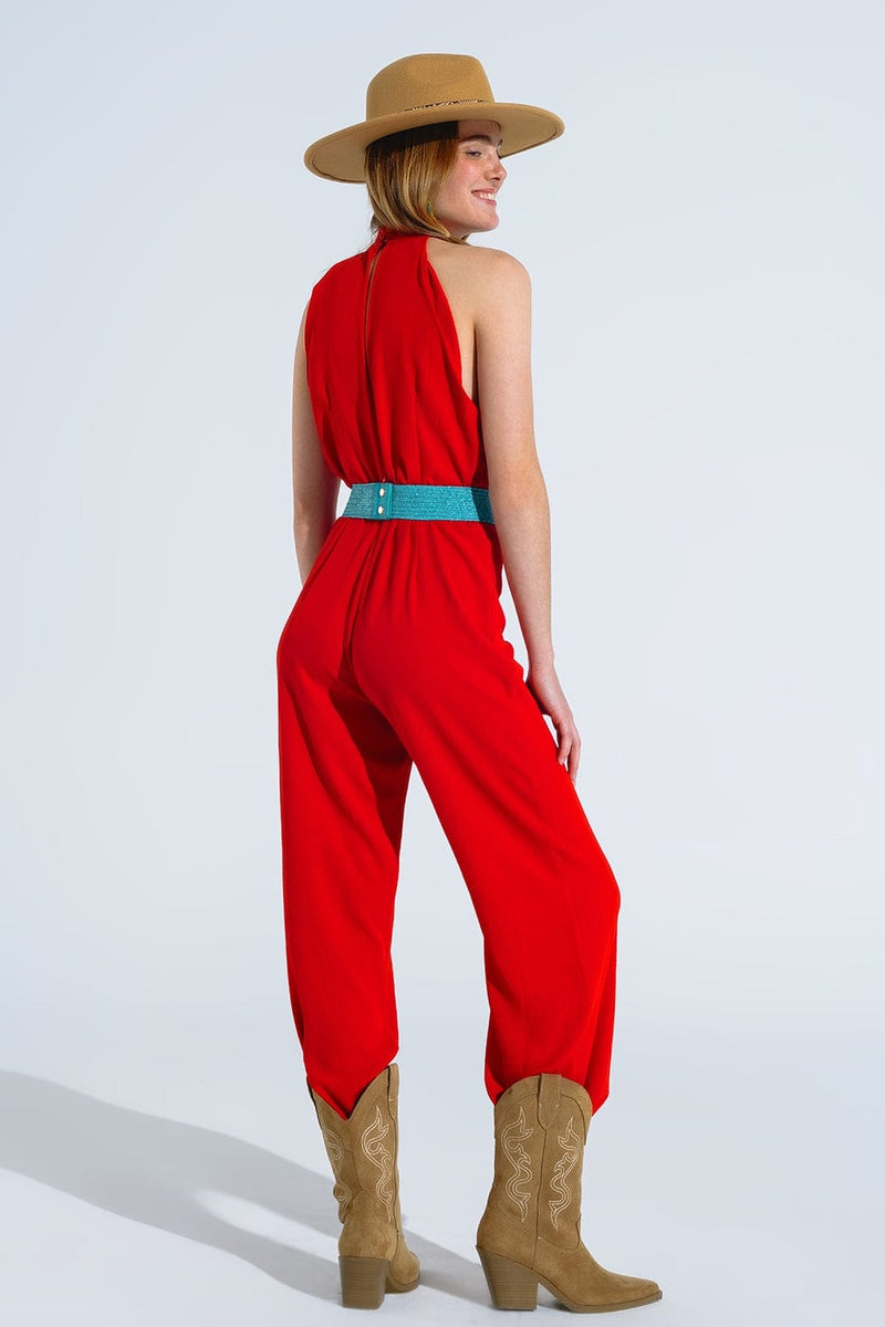 Q2 Women's Jumpsuits & Rompers Red Jumpsuit With Crossed Halter Neckline