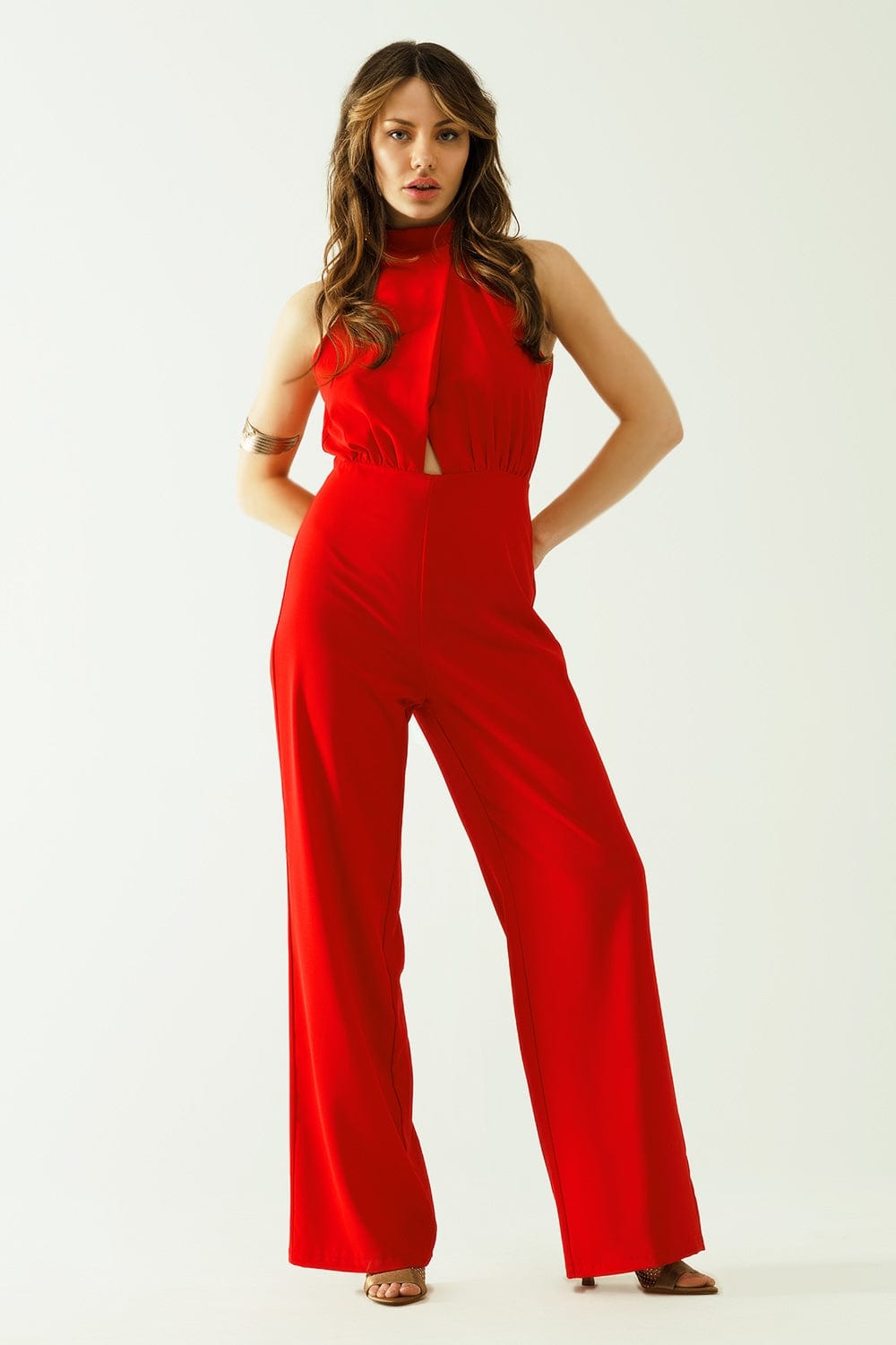 Q2 Women's Jumpsuits & Rompers Red Jumpuits With Top Crossed And High Collar