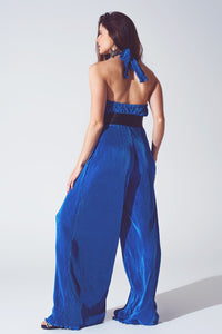 Q2 Women's Jumpsuits & Rompers Satin Halter Neck Pleated Maxi Jumpsuit in Blue