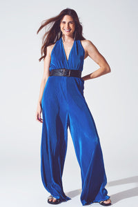 Q2 Women's Jumpsuits & Rompers Satin Halter Neck Pleated Maxi Jumpsuit in Blue