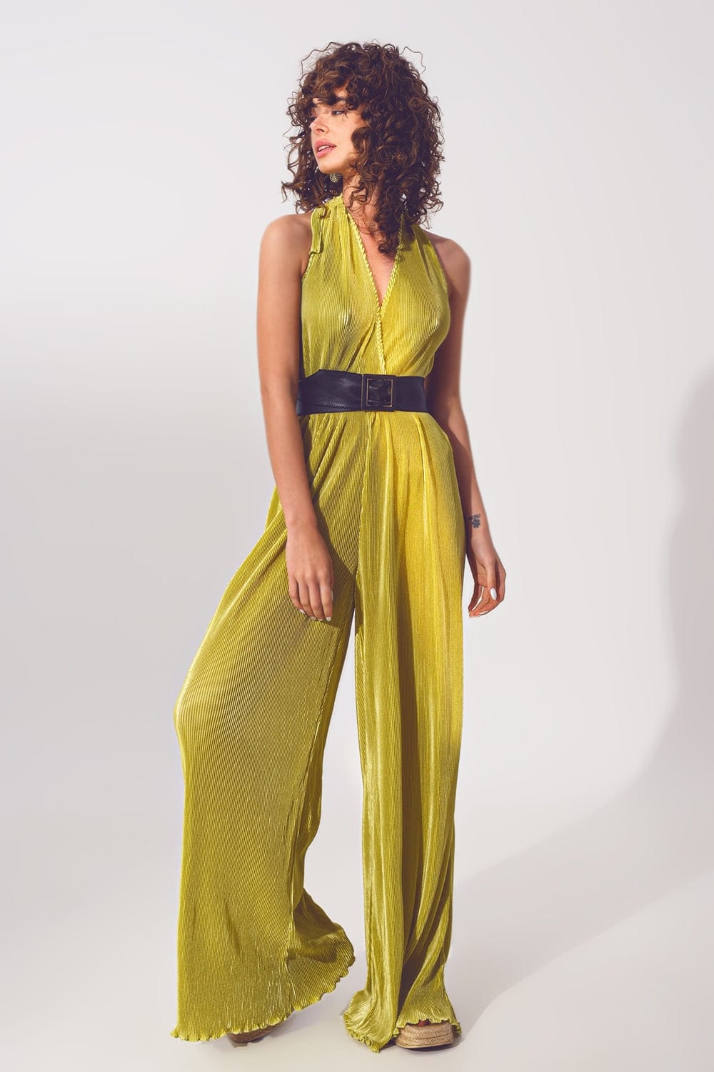 Q2 Women's Jumpsuits & Rompers Satin Halter Neck pleated maxi jumpsuit in Green