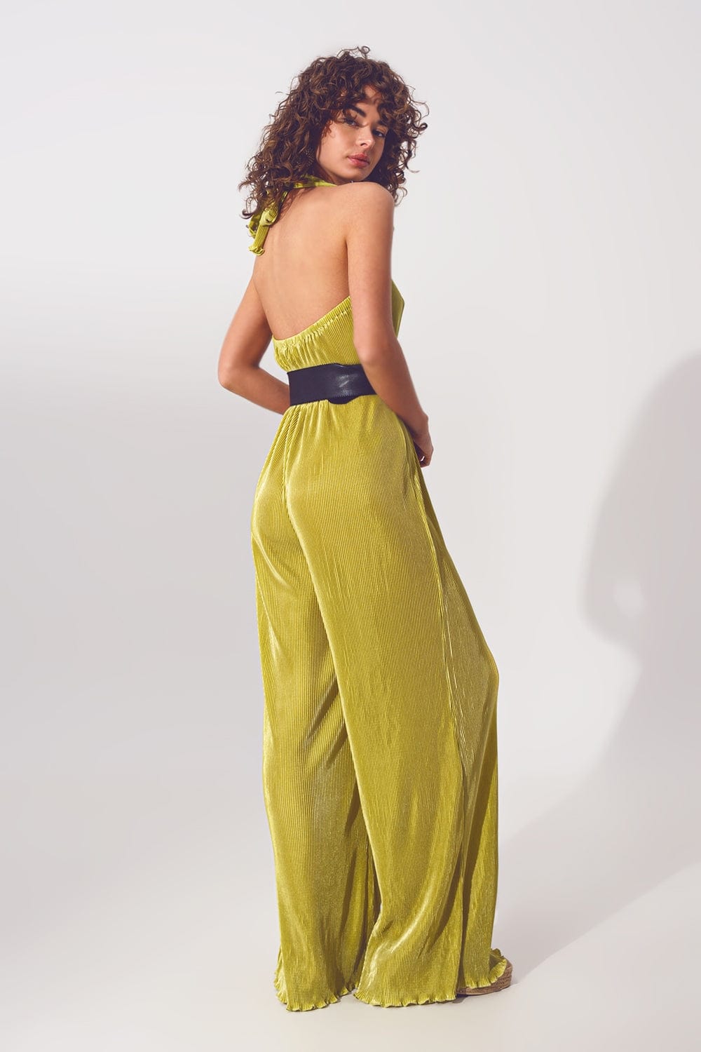 Q2 Women's Jumpsuits & Rompers Satin Halter Neck pleated maxi jumpsuit in Green