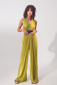 Q2 Women's Jumpsuits & Rompers Satin Halter Neck pleated maxi jumpsuit in Green