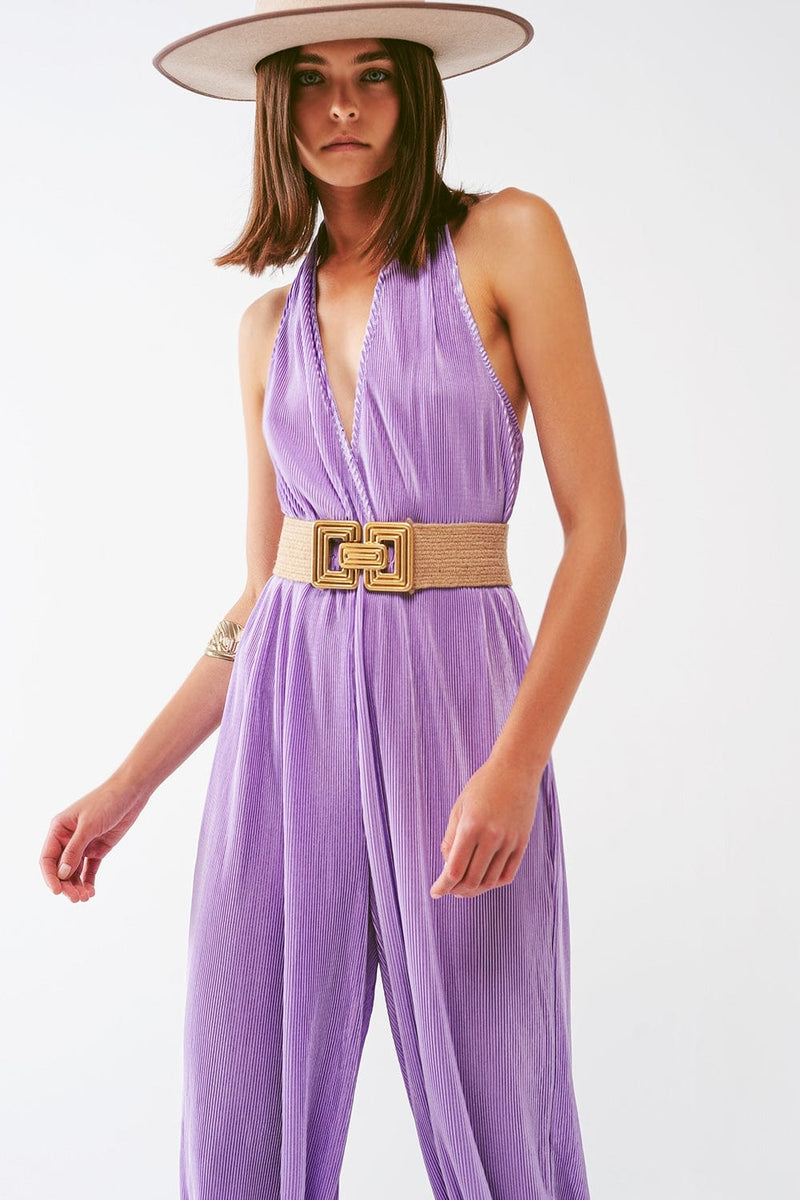 Q2 Women's Jumpsuits & Rompers Satin Halter Neck Pleated Maxi Jumpsuit in Lilac
