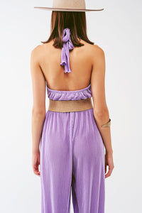 Q2 Women's Jumpsuits & Rompers Satin Halter Neck Pleated Maxi Jumpsuit in Lilac