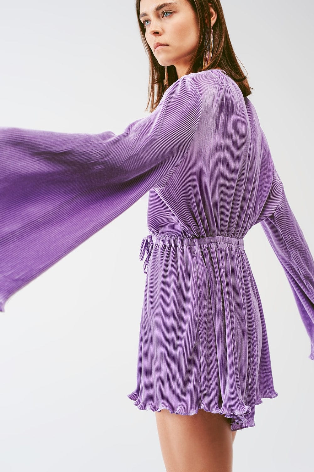Q2 Women's Jumpsuits & Rompers Satin Wrap Deatil Pleated Romper in Lilac