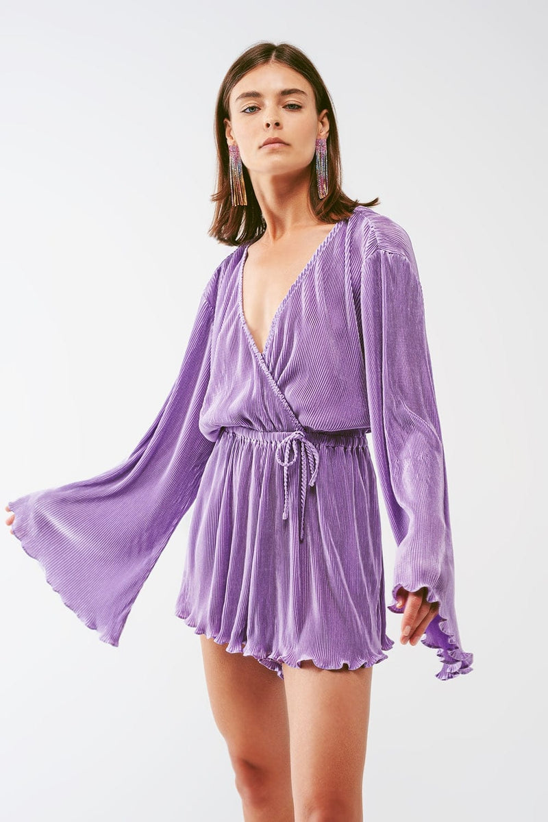 Q2 Women's Jumpsuits & Rompers Satin Wrap Deatil Pleated Romper in Lilac