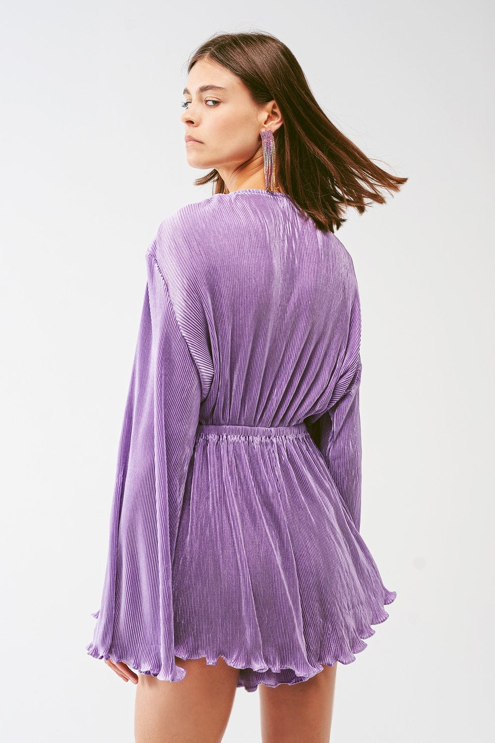 Q2 Women's Jumpsuits & Rompers Satin Wrap Deatil Pleated Romper in Lilac